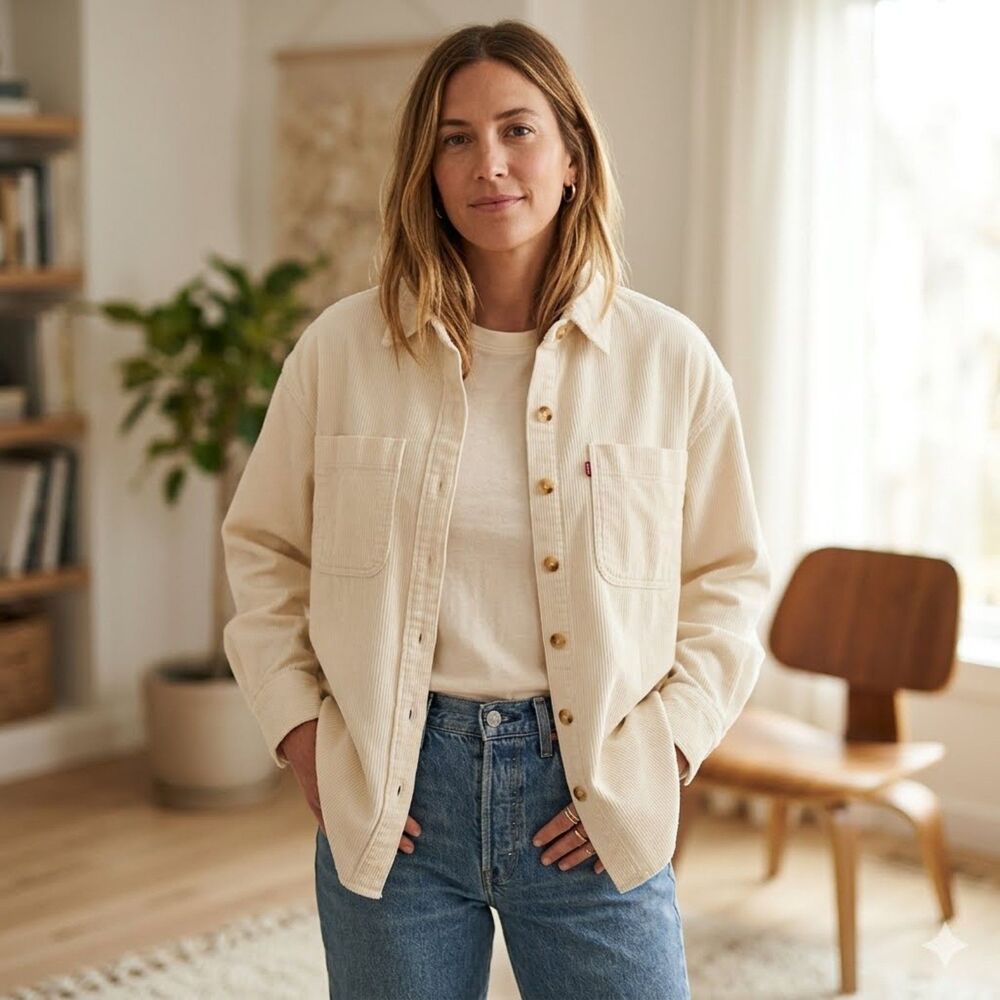 Levis Corduroy Shacket Womens XXL Cream Button Up Long Sleeve Pocket Shirt